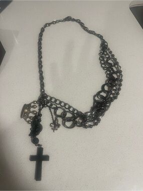 Black Multi-Chain Goth Glam Cross Pendant Necklace - Women Jewelry